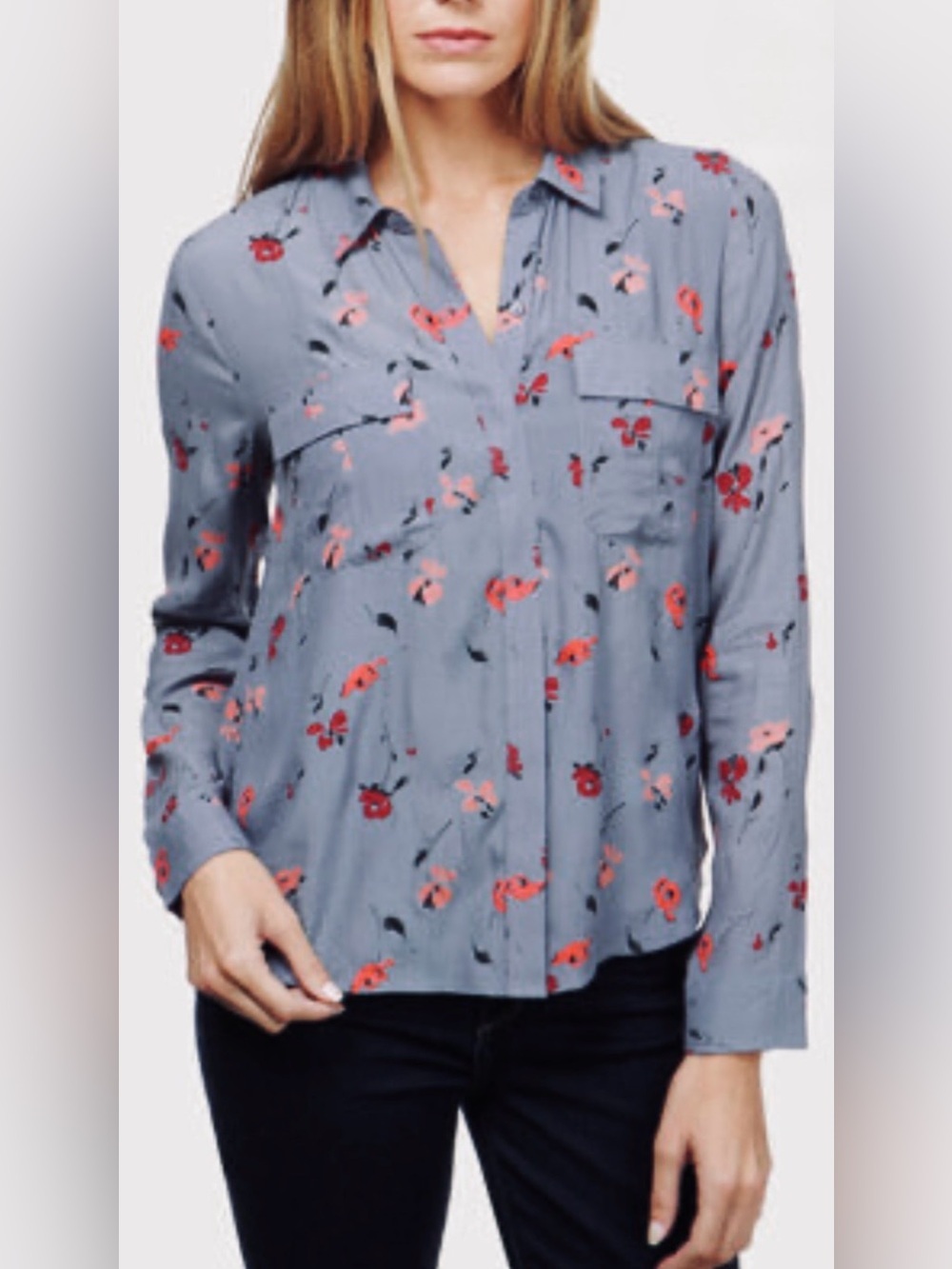 Lucky Brand Floral Button Front Blouse XL Long Sleeve Utility Shirt